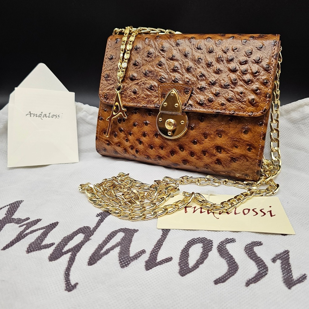 Andalossi Ostrich Embossed Leather Crossbody Flap Chain Shoulder Bag‎ Gold Tan - Picture 2 of 16